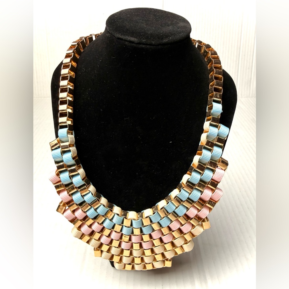 Grosgrain Ribbon Metal Chain Bib Statement Necklace Bohemian Boho Retro Colorful